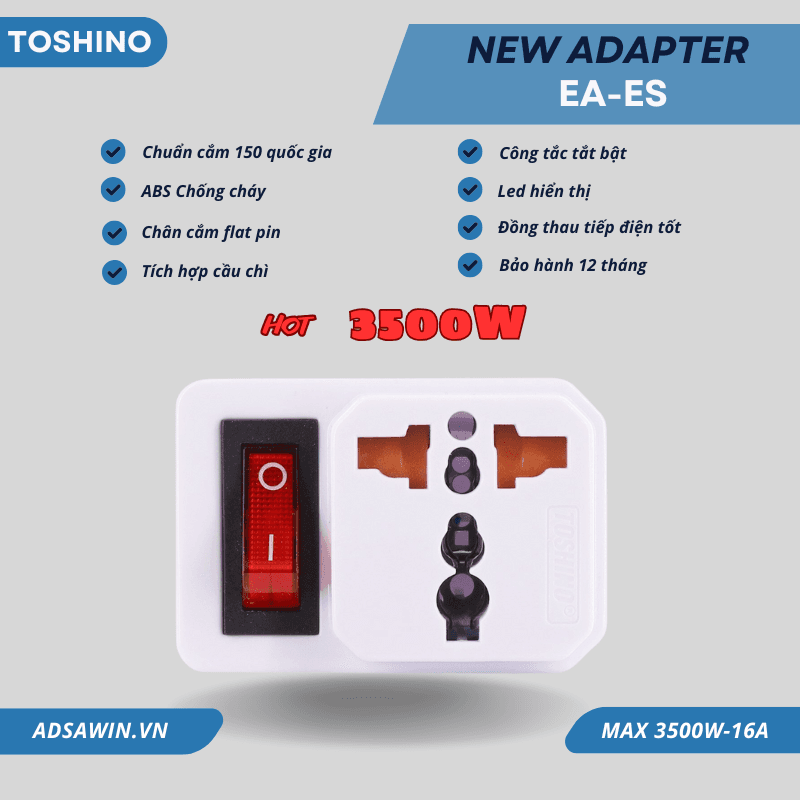 Ổ cắm chuyển 3 chấu sang 2 chấu 3500W | Phích cắm chịu tải cao cho bếp từ, ấm siêu tốc | EAES Chính Hãng
