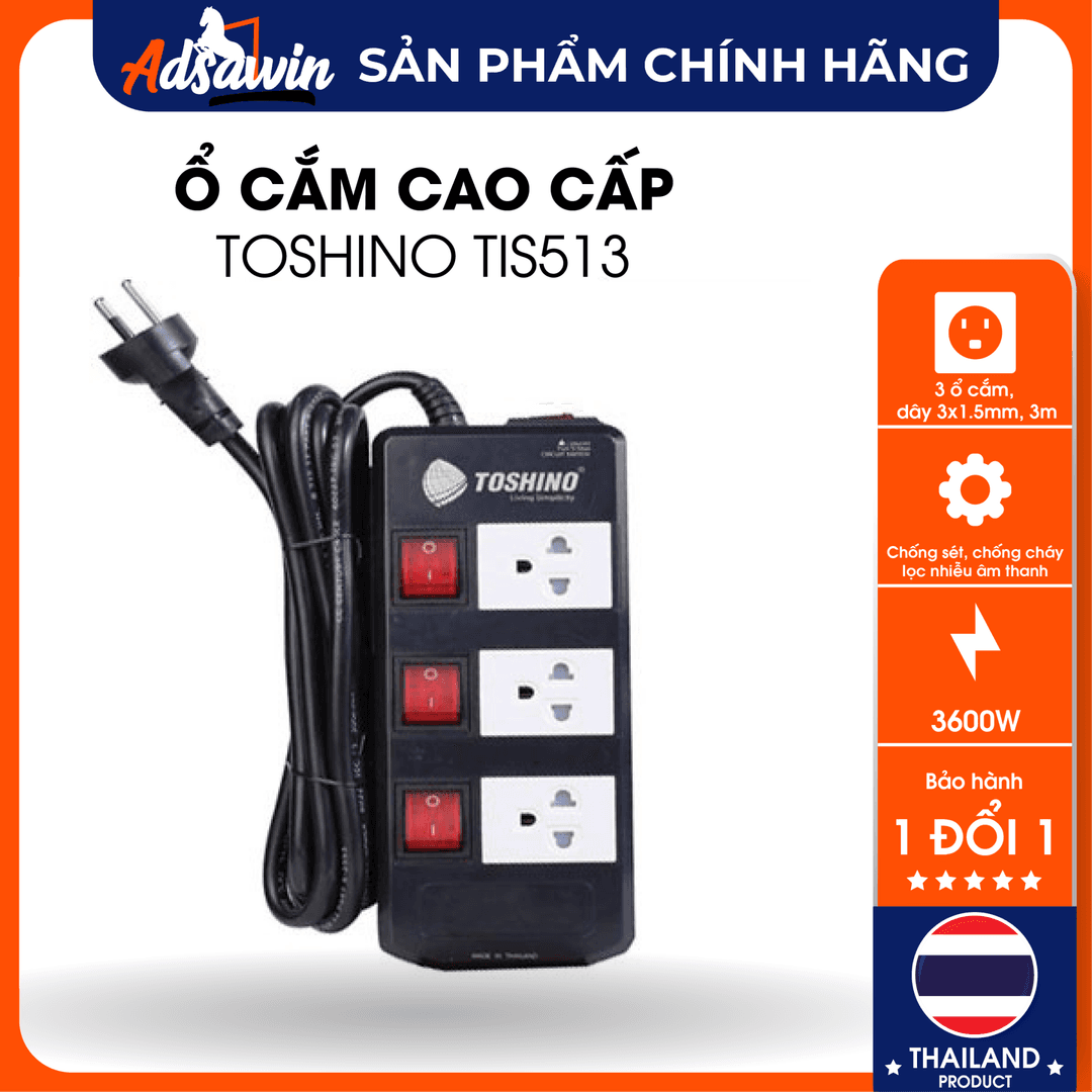Ổ CẮM CAO CẤP LỌC ÂM CHỐNG SÉT TOSHINO TIS315 DÀI 3M