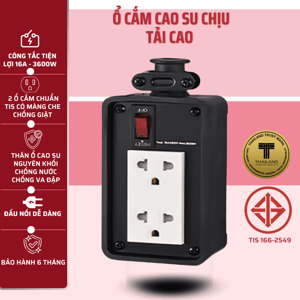 Ổ Cắm Chịu Tải Bọc Cao Su Công Suất Lớn 16A – 3600W An Toàn, Bền Bỉ Cho Mọi Gia Đình, Công Trình