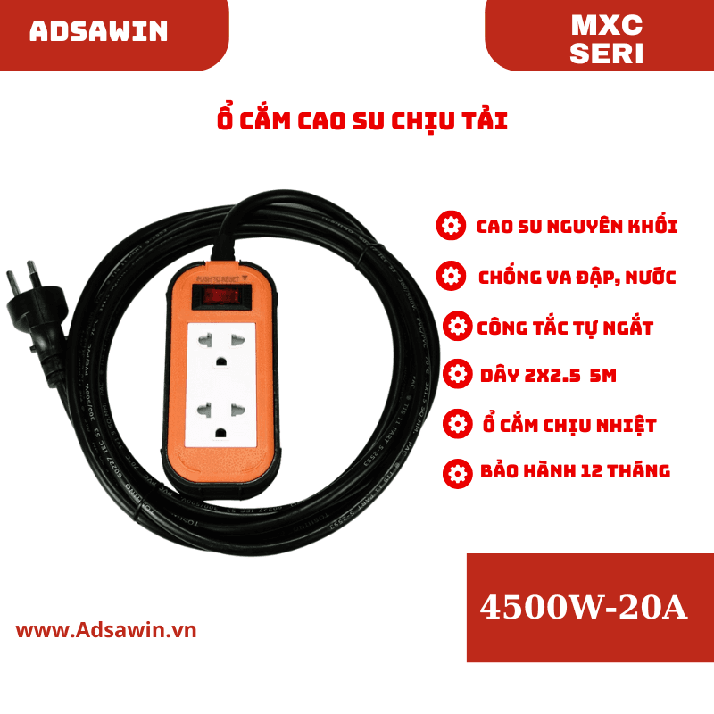 Ổ cắm chịu tải MXC225-5M 4500W – Dây dài 5M, chống nước IP20, an toàn cho trẻ em | Chính hãng Adsawin