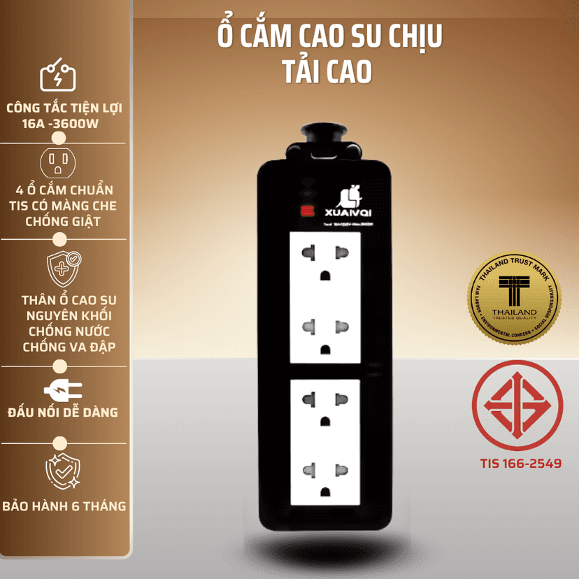 Ổ Cắm Điện Cao Su Chịu Tải Siêu Bền Chịu Tải 3500W Công Tắc Tắc Bật, Chống Nước, Chống Va Đập