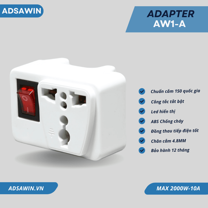 Ổ cắm chuyển đổi 3 chấu sang 2 chấu có công tắc – ADSAWIN AW1A