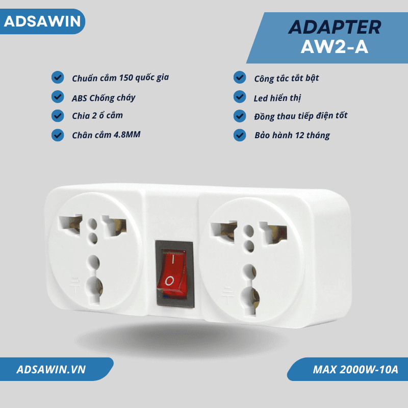 Ổ cắm chuyển đổi 3 chấu sang 2 chấu – 2 ổ – ADSAWIN AW2A