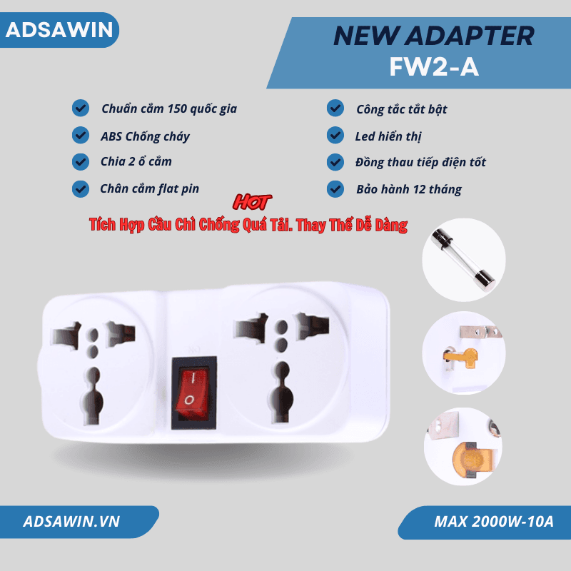 Ổ cắm chuyển đổi 2000W kèm cầu chì chia 2 ổ | Công tắc tiện lợi, chống cháy | Adsawin FW2A