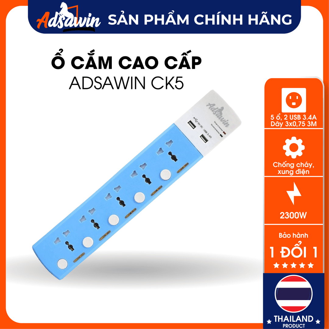 Ổ Cắm Cao Cấp Chống Sét,Chống Xung Điện,Lọc Nhiễu,USB Sạc Nhanh 3.4A, 525J Adsawin CK5