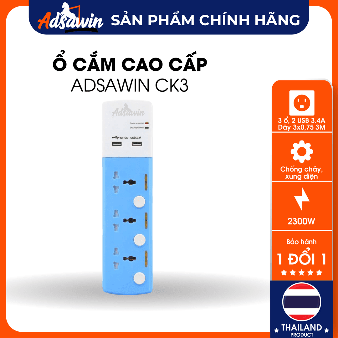 Ổ Cắm Cao Cấp Chống Sét,Chống Xung Điện,Lọc Nhiễu,USB Sạc Nhanh 3.4A, 525J Toshino Adsawin TSP CK3