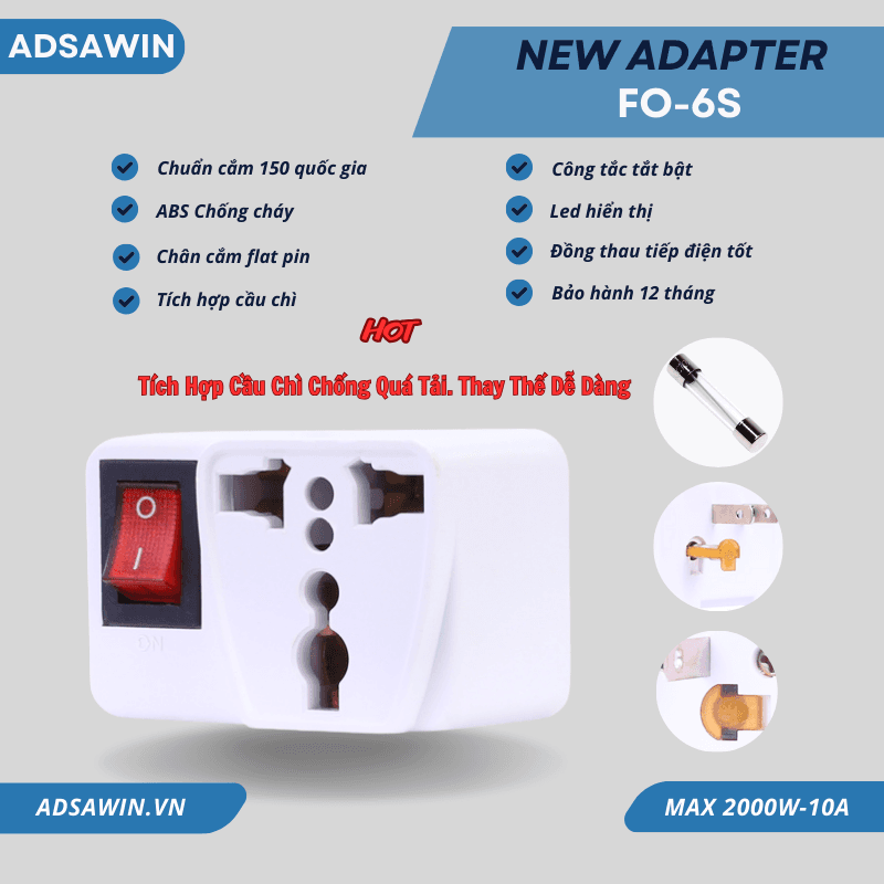 Ổ cắm chuyển đổi 2000W kèm cầu chì | Công tắc tiện lợi, chống cháy | Adsawin FO6S