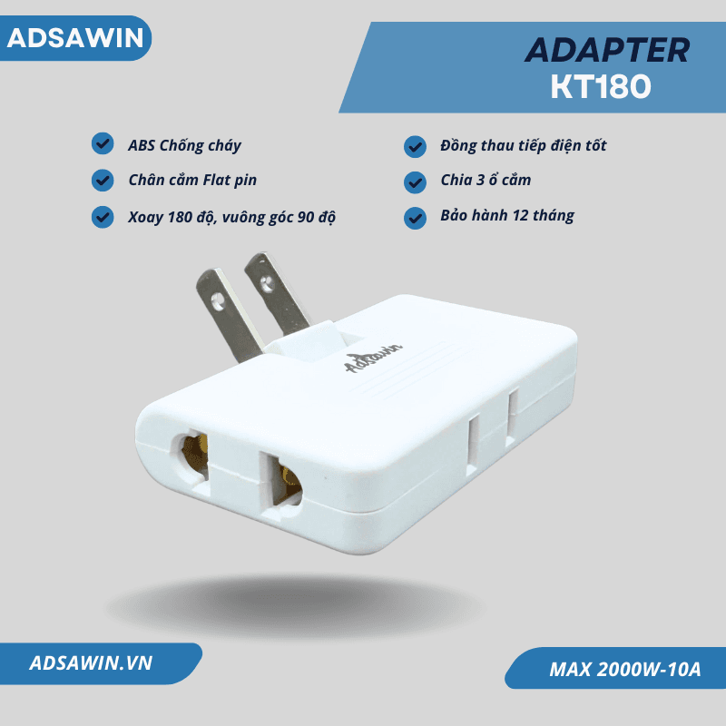Phích cắm chia 3 ổ không gian hẹp C029 – ABS chống cháy – 2500W