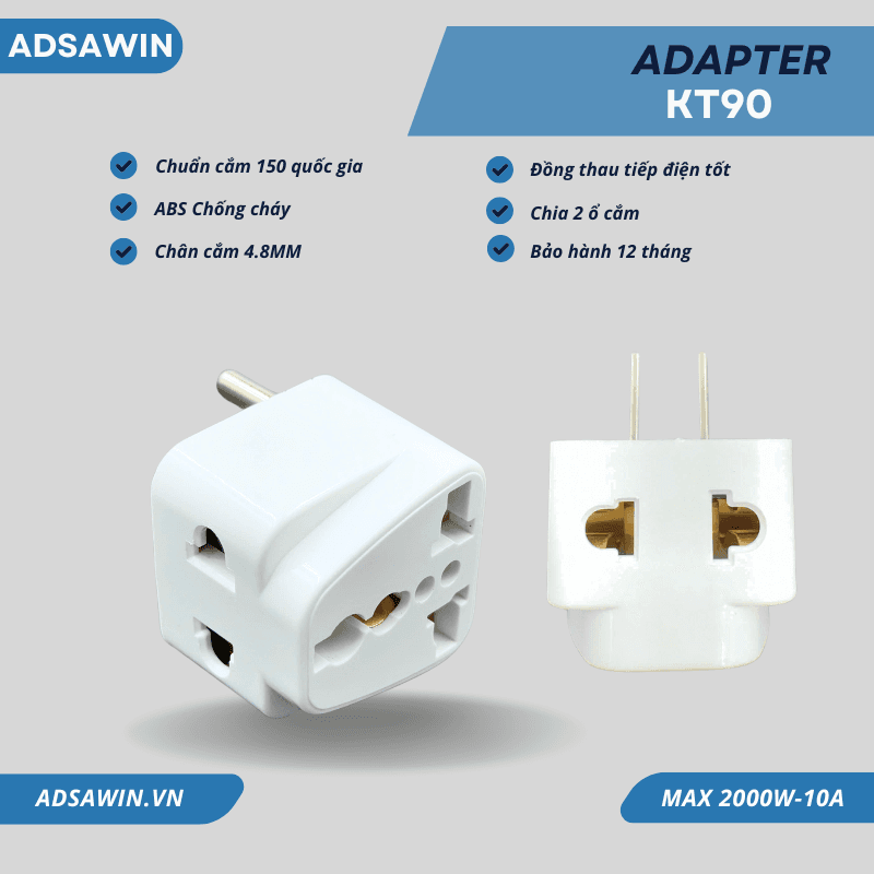 Phích Cắm Chuyển đổi KT90-B Thailand – Chuyển Đổi 3 Chấu Sang 2 Chấu, Chống Cháy ABS, 2000W